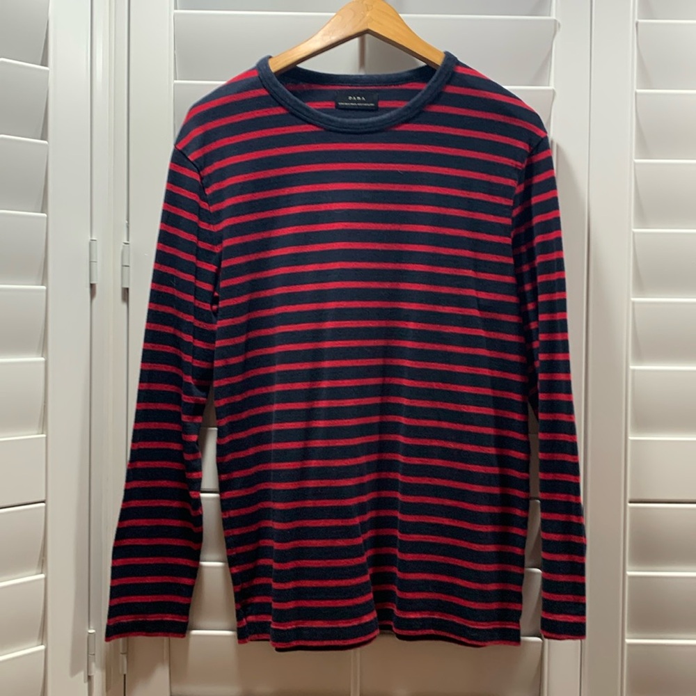 Zara Men’s Medium Dark Blue and Red Striped Long Sleeve Shirt